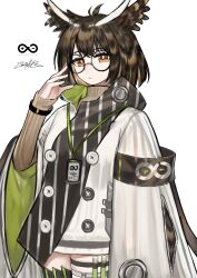 Rule 34 | 1girl, absurdres, adjusting eyewear, arknights, brown eyes, brown hair, cape, closed mouth, highres, lanyard, long sleeves, looking at viewer, mtch3912, owl ears, owl girl, rhine lab logo, short hair, silence (arknights), solo, test tube, thigh strap, turtleneck, two-sided cape, two-sided fabric, upper body, white background, white cape, wide sleeves