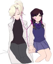 Rule 34 | 2girls, black sweater, blonde hair, bow, bowtie, brown hair, closed eyes, cropped legs, d.va (overwatch), earphones, facial mark, headphones, headphones around neck, holding hands, lab coat, long hair, long sleeves, mercy (overwatch), multiple girls, mwo imma hwag, overwatch, overwatch 1, pants, pleated skirt, ponytail, protected link, purple bow, purple bowtie, ribbed sweater, school uniform, shared earphones, shirt, simple background, sitting, skirt, smile, striped bow, striped bowtie, striped clothes, striped neckwear, sweater, turtleneck, whisker markings, white background, yuri
