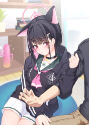 Rule 34 | 1boy, 1girl, animal ears, arm hug, black choker, black hair, black hoodie, black shirt, blue archive, blurry, blurry background, blush, book, book stack, breasts, brown pants, cat ears, choker, closed mouth, colored inner hair, commentary request, drawstring, duuwa (doluwa), extra ears, green sailor collar, hair ornament, hairclip, halo, highres, hood, hood down, hoodie, indoors, kazusa (blue archive), large breasts, long sleeves, looking at another, medium hair, multicolored hair, neckerchief, pants, pink eyes, pink hair, pink halo, pink neckerchief, pleated skirt, sailor collar, school uniform, shirt, sitting, skirt, solo focus, white skirt