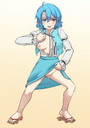 1girl absurdres big_mouse blue_eyes blue_hair blue_pubic_hair blue_skirt blue_vest blush breasts censored closed_mouth clothes_lift colored_pubic_hair commentary_request female_pubic_hair full_body geta giorno_giovanna&#039;s_pose_(jojo) gradient_background hair_between_eyes heterochromia highres jojo_no_kimyou_na_bouken jojo_pose lifting_own_clothes long_bangs long_sleeves looking_at_viewer medium_breasts mosaic_censoring nipples no_bra no_panties one_breast_out open_clothes open_vest pubic_hair pussy red_eyes shirt shirt_lift short_hair skirt skirt_lift smile solo sparse_pubic_hair tatara_kogasa toenails toes tongue tongue_out touhou v-shaped_eyebrows vento_aureo vest white_shirt yellow_background