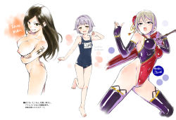 Rule 34 | 3girls, :d, :o, arm tattoo, ass, bare arms, bare legs, barefoot, blush, breasts, brown eyes, brown hair, character name, closed umbrella, collarbone, covered navel, cropped legs, elbow gloves, fingerless gloves, full body, gloves, grey hair, grin, hamao, highleg, highleg leotard, highres, holding, holding umbrella, idolmaster, idolmaster cinderella girls, koshimizu sachiko, large breasts, leotard, long hair, looking at viewer, medium breasts, mukai takumi, multiple girls, name tag, nipples, oil-paper umbrella, open mouth, parted bangs, purple gloves, red leotard, school swimsuit, shiny clothes, shiny legwear, shiomi syuko, short hair, smile, standing, standing on one leg, straight hair, swimsuit, tattoo, thighhighs, umbrella, white background, yellow eyes