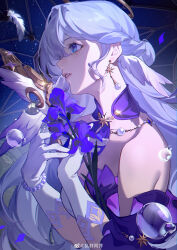 Rule 34 | 1girl, absurdres, air bubble, aqua eyes, bare shoulders, bubble, detached sleeves, dress, earrings, falling feathers, feathers, flower, from side, gloves, halo, hands up, head wings, highres, honkai: star rail, honkai (series), jewelry, long hair, looking to the side, luanjingajing, parted lips, purple dress, purple flower, purple wings, robin (honkai: star rail), short sleeves, solo, upper body, white gloves, white wings, wings