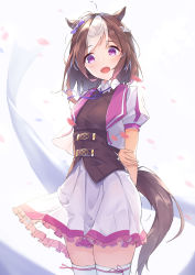 Rule 34 | 1girl, :d, absurdres, ahoge, animal ears, arm behind back, beten, braid, breasts, brown hair, brown vest, collared shirt, commentary request, cropped jacket, frilled skirt, frills, head tilt, highres, horse ears, horse girl, horse tail, jacket, looking at viewer, multicolored hair, neck ribbon, open clothes, open jacket, open mouth, petals, pleated skirt, puffy short sleeves, puffy sleeves, purple ribbon, ribbon, shirt, short sleeves, skirt, small breasts, smile, solo, special week (umamusume), tail, thighhighs, two-tone hair, umamusume, vest, white hair, white jacket, white shirt, white skirt, white thighhighs