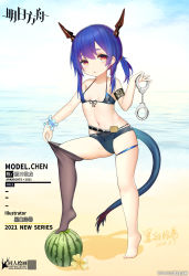 Rule 34 | 1girl, :o, absurdres, aged down, arknights, armband, artist name, beach, bikini, blue bikini, blue wristband, breasts, ch&#039;en (arknights), ch&#039;en the holungday (arknights), character name, chinese commentary, chinese text, commentary request, copyright name, cuffs, dated, dated commentary, dragon girl, dragon horns, dragon tail, english text, front-tie bikini top, front-tie top, full body, handcuffs, highres, holding, holding handcuffs, horns, kuroshiroemaki, long hair, looking at viewer, mixed-language text, navel, official alternate costume, pulled by self, red eyes, rhodes island logo (arknights), single thighhigh, skindentation, small breasts, solo, standing, swimsuit, tail, thigh strap, thighhighs, thighhighs pull, twintails, water