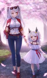 Rule 34 | 2girls, age difference, azur lane, blue pants, breasts, cherry blossoms, child, cross hair ornament, dress, eyewear on head, hair ornament, highres, jewelry, large breasts, little prinz eugen (azur lane), long sleeves, multicolored hair, multiple girls, navel, necklace, outdoors, pants, prinz eugen (azur lane), puffy long sleeves, puffy sleeves, red footwear, shirt, smile, spring (season), striped hair, two-tone hair, two side up, waa! okami, walking, white dress, white hair, white shirt, yellow eyes