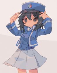 Rule 34 | 1girl, absurdres, adjusting clothes, adjusting headwear, andou (girls und panzer), arms up, bad id, bad tumblr id, bc freedom (emblem), bc freedom military uniform, black eyes, black hair, blue hat, blue jacket, blue vest, cowboy shot, daizu (melon-lemon), dark-skinned female, dark skin, dot nose, emblem, eyes visible through hair, girls und panzer, grey background, hair between eyes, hands up, hat, high collar, highres, jacket, kepi, long sleeves, looking at viewer, looking to the side, medium hair, military hat, open clothes, open jacket, parted lips, simple background, skirt, solo, standing, vest, white skirt