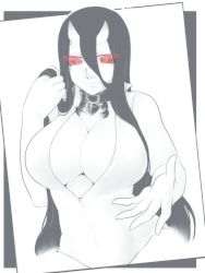 Rule 34 | 10s, 1girl, abyssal ship, battleship princess, black hair, breasts, cleavage, collar, female focus, front zipper swimsuit, glowing, glowing eyes, hand in own hair, horns, kantai collection, large breasts, long hair, meme attire, neko majin, one-piece swimsuit, outstretched hand, red eyes, skin-covered horns, slit pupils, smile, solo, swimsuit, unzipped, very long hair