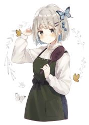 Rule 34 | 1girl, absurdres, animal, apron, arm up, black pants, blue flower, blush, breasts, bug, butterfly, closed mouth, collared shirt, commentary, dress shirt, flower, green apron, grey eyes, grey hair, hair brush, hair flower, hair ornament, hairclip, highres, holding, holding brush, insect, original, pants, shano-pirika, shirt, short hair, simple background, small breasts, solo, symbol-only commentary, white background, white shirt