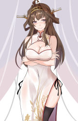 Rule 34 | 1girl, absurdres, ahoge, alternate costume, black panties, black thighhighs, breasts, brown hair, china dress, chinese clothes, cleavage, cleavage cutout, closed mouth, clothing cutout, crossed arms, dress, headgear, heart, heart-shaped pupils, highres, kantai collection, kongou (kancolle), long hair, panties, pelvic curtain, purple eyes, saku (kudrove), side-tie panties, sidelocks, solo, symbol-shaped pupils, thighhighs, underwear, white dress