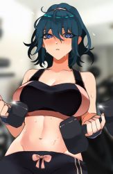 Rule 34 | 1girl, alternate hairstyle, blue eyes, blue hair, blush, breasts, byleth (female) (fire emblem), byleth (fire emblem), closed mouth, dumbbell, exercising, fire emblem, fire emblem: three houses, gym, highres, large breasts, looking at viewer, medium hair, navel, nintendo, octoboo, pants, ponytail, sports bra, sweat, weightlifting, weights, yoga pants