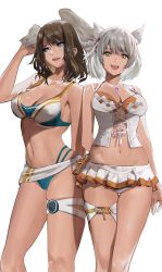 Rule 34 | 2girls, alternate costume, animal ears, bare shoulders, bikini, blue eyes, blush, breast tattoo, breasts, brown hair, cat ears, chest jewel, cleavage, eunie (xenoblade), head wings, highres, j@ck, large breasts, looking at viewer, medium hair, midriff, mio (xenoblade), multiple girls, navel, open mouth, short hair, simple background, skirt, small breasts, smile, stomach, swimsuit, tattoo, thigh strap, white hair, wings, xenoblade chronicles (series), xenoblade chronicles 3, yellow eyes