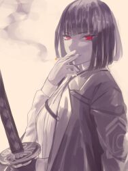 Rule 34 | 1girl, black jacket, blunt bangs, blunt ends, bob cut, cigarette, highres, holding, holding cigarette, holding sword, holding weapon, jacket, jacket on shoulders, katana, lapels, limbus company, long sleeves, looking at viewer, monochrome, notched lapels, project moon, red eyes, ryoshu (project moon), shirt, short hair, simple background, smoke, smoke trail, smoking, solo, spot color, sword, umu (pixiv2396283), upper body, weapon, white background, white shirt