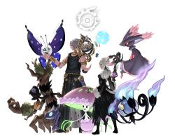 Rule 34 | 1boy, 1girl, animal ears, armlet, astrologian (final fantasy), back cutout, black dress, black footwear, blue eyes, boots, cat ears, cat girl, cat tail, chandelure, clothing cutout, collar, commentary, creatures (company), crossover, dress, elezen, elf, facial mark, feather hair ornament, feathers, final fantasy, final fantasy xiv, floating, floating object, floating weapon, flying, from side, full body, fur-trimmed dress, fur trim, game freak, gen 3 pokemon, gen 4 pokemon, gen 5 pokemon, gen 6 pokemon, gen 7 pokemon, grey hair, hair ornament, highres, holding, holding poke ball, holding staff, jewelry, legs apart, long sleeves, looking ahead, metal collar, minior, minior (blue core), minior (core), miqo&#039;te, mismagius, nintendo, on finger, outstretched arms, pointy ears, poke ball, pokemon, pokemon (creature), potion lilac, profile, ring, sableye, shiinotic, shoes, short hair, sideburns, simple background, sleeveless, sleeveless dress, smile, staff, standing, tail, thigh boots, trevenant, urianger augurelt, vivillon, vivillon (polar), white background, white hair, y&#039;shtola rhul, yamask