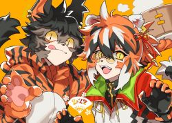 Rule 34 | 1boy, 1girl, 2022, aak (arknights), animal ears, animal hands, animal print, arknights, chinese zodiac, ear piercing, fang, food, furry, furry female, furry male, glasses, jacket, nishi juuji, piercing, slit pupils, smile, tail, tiger boy, tiger ears, tiger print, tiger tail, tongue, tongue out, waai fu (arknights), year of the tiger