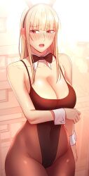 Rule 34 | 1girl, black pantyhose, blonde hair, blush, collar, crying, embarrassed, highres, leotard, looking to the side, nayeon (stepmother friends), official art, open mouth, pantyhose, pink hair, playboy bunny, rabbit ears, short hair, solo, stepmother friends, tongue, very short hair