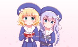 Rule 34 | 2girls, :o, beret, blonde hair, blue eyes, blue hair, blue headwear, blue shirt, blue skirt, blush, book, bow, braid, closed mouth, commentary request, gochuumon wa usagi desu ka?, goth risuto, green eyes, hair between eyes, hat, holding, holding book, kafuu chino, kirima syaro, long hair, low twintails, multiple girls, hugging object, open book, parted lips, petals, pleated skirt, revision, sailor collar, shirt, skirt, smile, striped, striped bow, twin braids, twintails, very long hair, white bow, white sailor collar