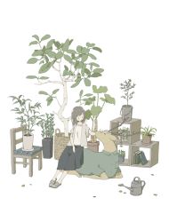 Rule 34 | 1girl, animal, antlers, black skirt, book, breast pocket, chair, clothed animal, collared shirt, east sha2, glasses, green shirt, headpat, highres, horns, leaf, long hair, no nose, original, plant, pocket, potted plant, sandals, shelf, shirt, short sleeves, sitting, sitting on animal, skirt, watering can, white background