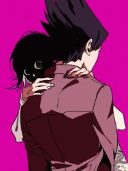 Rule 34 | 2boys, black hair, commentary, crazy eyes, danganronpa (series), facing away, from behind, hands on another&#039;s shoulders, highres, hug, jacket, jacket on shoulders, long sleeves, looking at viewer, looking back, male focus, medium hair, momota kaito, multiple boys, danganronpa v3: killing harmony, on (onon2659), oma kokichi, pink background, shaded face, shirt, simple background, spiked hair, upper body, white shirt