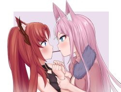 Rule 34 | 1girl, artist request, black footwear, blue eyes, boots, border, breasts, derivative work, eye contact, food in mouth, from side, holding another&#039;s wrist, indie virtual youtuber, kitsuaisu, kitsune, looking at another, medium breasts, medium hair, navel, non-web source, outside border, pocky, pocky in mouth, profile, red hair, twintails, virtual youtuber, white border, yuri