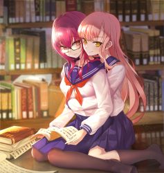 Rule 34 | 2girls, absurdres, bad id, bad pixiv id, bespectacled, book, bookshelf, breasts, fate/grand order, fate (series), glasses, highres, holding, holding book, hug, hug from behind, long hair, looking at viewer, loveyi, medb (fate), medb (fate), multiple girls, pink hair, red eyes, reflective floor, scathach (fate), scathach (fate), school uniform, sitting, skirt, smile, thighhighs, yellow eyes, yuri