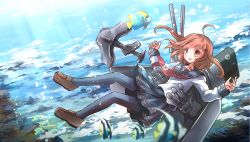 Rule 34 | 10s, 1girl, anchor, bad id, bad pixiv id, brown eyes, brown hair, cannon, fish, highres, ikazuchi (kancolle), kantai collection, long sleeves, machinery, mecha musume, neckerchief, open mouth, personification, risutaru, school uniform, serafuku, shirt, sinking, skirt, smile, solo, underwater