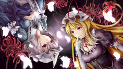 Rule 34 | 2girls, arm garter, black background, blonde hair, breasts, bug, butterfly, cleavage, corset, dress, elbow gloves, finger to mouth, flower, frilled dress, frills, gloves, glowing, hat, hat ribbon, highres, insect, japanese clothes, kimono, long hair, long sleeves, looking at another, mob cap, multiple girls, neck ribbon, noratama-nyan, obi, puffy short sleeves, puffy sleeves, purple eyes, purple hair, red eyes, ribbon, ribbon-trimmed sleeves, ribbon trim, saigyouji yuyuko, sash, short hair, short sleeves, simple background, spider lily, string, touhou, triangular headpiece, upside-down, very long hair, wallpaper, white gloves, wide sleeves, yakumo yukari
