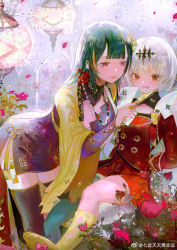 Rule 34 | 2girls, arms behind back, blunt bangs, blush, clothing cutout, coat, flower, half-closed eyes, hand fan, holding, holding fan, leaning forward, looking at viewer, mandarin (masterwork apocalypse), masterwork apocalypse, mature female, multicolored hair, multiple girls, qi du tiantian xiang xingyun, red eyes, red flower, red rose, rose, short hair, streaked hair, twisted torso, wavy mouth, white hair, xinhua (masterwork apocalypse), yellow coat