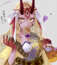 Rule 34 | 1girl, absurdres, blonde hair, candy, fang, fangs, fate/grand order, fate (series), food, halloween, highres, horns, ibaraki douji (fate), japanese clothes, lollipop, long hair, mouth hold, oni, solo, swirl lollipop, tattoo, toudai (see-you!my wonderland), upper body, yellow eyes