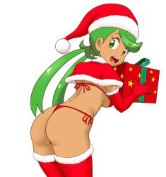 Rule 34 | 1girl, ass, back, bikini, breasts, capelet, christmas, commentary, cowboy shot, creatures (company), dark-skinned female, dark skin, from behind, fur-trimmed capelet, fur-trimmed thighhighs, fur trim, game freak, gift, green eyes, green hair, hair tie, hat, holding, holding gift, leaning forward, long hair, looking at viewer, looking back, low twintails, mallow (pokemon), medium breasts, nintendo, open mouth, pokemon, pokemon sm, red bikini, red capelet, red hat, red thighhighs, santa costume, santa hat, side-tie bikini bottom, simple background, smile, solo, standing, swept bangs, swimsuit, thighhighs, thong bikini, tof, twintails, white background