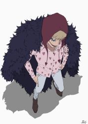 Rule 34 | 1boy, blonde hair, cigarette, coat, coat on shoulders, donquixote rocinante, from above, fur coat, hand in pocket, hat, highres, long sleeves, makeup, male focus, one piece, smoking, solo, ufkqz, white background