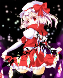 Rule 34 | 1girl, a c for p, alternate hair color, bad id, bad pixiv id, black thighhighs, blonde hair, bow, covering face, covering own mouth, covering privates, crystal, embodiment of scarlet devil, female focus, flandre scarlet, hat, hat bow, long sleeves, looking at viewer, looking back, red eyes, scarf, silver hair, skirt, sleeves past wrists, solo, thighhighs, touhou, wings, zettai ryouiki