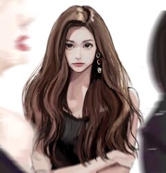 Rule 34 | 1girl, absurdres, black dress, black eyes, blurry, blurry foreground, brown hair, crossed arms, dress, expressionless, highres, jiu hao taiyang de shexian, k-pop, long hair, looking at viewer, real life, realistic, simple background, solo focus, twice (group), tzuyu (twice), upper body, white background
