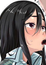 Rule 34 | 1boy, 1girl, black hair, blush, brown eyes, censored, chikuma (kancolle), chirashi (so), commentary, cum, fellatio, green jacket, hair between eyes, highres, jacket, kantai collection, long hair, open clothes, open jacket, oral, penis, small penis, trembling, upper body