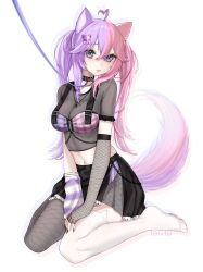 Rule 34 | 1girl, absurdres, ahoge, animal ears, arm warmers, asymmetrical ears, asymmetrical legwear, black choker, black skirt, blue eyes, breasts, caily catdog, cat ears, choker, cleavage, dog ears, fishnet thighhighs, fishnets, heart, heart ahoge, highres, hiruchii (hiruruchyan), indie virtual youtuber, jewelry, large breasts, long hair, medium breasts, multicolored hair, necklace, no shoes, single arm warmer, sitting, skirt, solo, split-color hair, thighhighs, twintails, virtual youtuber, wariza, white thighhighs