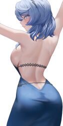 Rule 34 | 1girl, absurdres, ako (blue archive), ako (dress) (blue archive), ass, blue archive, blue dress, blue eyes, blue hair, breasts, dress, highres, large breasts, long hair, lumen re, official alternate costume, simple background, solo, white background