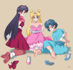 Rule 34 | 3girls, arms behind back, barefoot, bdsm, bishoujo senshi sailor moon, bishoujo senshi sailor moon crystal, black hair, blonde hair, blue dress, blue eyes, blue hair, bondage, bound, bound ankles, bound arms, bound wrists, breasts, cleavage, collarbone, dress, earrings, feet, gag, gagged, high heels, highres, hino rei, improvised gag, jewelry, looking at viewer, lost one zero, medium breasts, mizuno ami, multiple girls, nail polish, pink dress, purple eyes, red dress, sailor mars, sailor mercury, sailor moon, shoes, unworn shoes, small breasts, soles, tape, tape bondage, tape gag, tiara, toenail polish, toenails, tsukino usagi, twintails