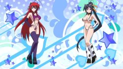 Rule 34 | 10s, 2girls, animal costume, animated, animated gif, arm warmers, bikini, black hair, breasts, cow costume, cow print, cow tail, dancing, heart, heart print, high heels, high school dxd, himejima akeno, large breasts, long hair, multiple girls, red hair, rias gremory, smile, swimsuit, tail, underboob, very long hair