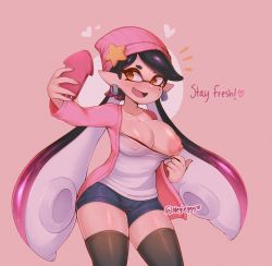 Rule 34 | 1girl, artist name, beanie, black thighhighs, blouse, blush, breasts, brown eyes, callie (splatoon), clothes pull, covered erect nipples, cowboy shot, denim, denim shorts, earrings, english text, flashing, hat, heart, highres, inkling, jewelry, large breasts, long hair, negi (liquidu), nintendo, nipples, no bra, one breast out, open mouth, pink background, pink hat, pointy ears, pulling own clothes, selfie, shirt, shirt pull, shorts, smile, solo, splatoon (series), tentacle hair, thighhighs, very long hair, white shirt