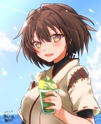 Rule 34 | 1girl, artist name, black shirt, blouse, blue sky, brown eyes, brown hair, cherry, cloud, cup, dated, day, drink, drinking glass, food, fruit, horizon, hyuuga (kancolle), japanese clothes, kantai collection, layered sleeves, lemon, looking at viewer, mashiro yukiya, one-hour drawing challenge, open mouth, outdoors, ringed eyes, shirt, short hair, short sleeves, sky, smile, solo, undershirt, upper body