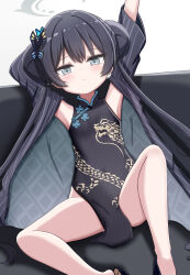 Rule 34 | 1girl, absurdres, armpits, black dress, black footwear, black hair, black jacket, blue archive, butterfly hair ornament, closed mouth, commentary request, couch, double bun, dress, feet out of frame, grey eyes, hair bun, hair ornament, highres, jacket, jiu (sdesd3205), kisaki (blue archive), knee up, long hair, looking at viewer, on couch, open clothes, open jacket, pelvic curtain, shoes, simple background, sleeveless, sleeveless dress, solo, spread legs, striped clothes, striped jacket, twintails, vertical-striped clothes, vertical-striped jacket, very long hair, white background