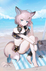 Rule 34 | 1girl, ahoge, animal ear fluff, animal ears, arknights, barefoot, beach, beach towel, bikini, black bikini, blue eyes, bracelet, breasts, closed mouth, cloud, cloudy sky, collarbone, crossed legs, day, eyelashes, feet, fox ears, fox girl, fox tail, full body, hair ornament, hairclip, hand up, headphones, headphones around neck, highres, jewelry, karoro, knees up, lace trim, legs, looking at viewer, medium hair, official alternate costume, outdoors, picnic basket, pink hair, see-through, sitting, sky, small breasts, smile, solo, sussurro (arknights), sussurro (summer flower) (arknights), swimsuit, tail, thighs, toenails, toes, towel, wet