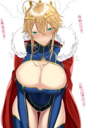 Rule 34 | 1girl, ahoge, artoria pendragon (all), artoria pendragon (fate), artoria pendragon (lancer) (fate), blonde hair, blue leotard, blue thighhighs, blush, breasts, cleavage, cleavage cutout, cloak, closed mouth, clothing cutout, colored eyelashes, covered navel, cowboy shot, cross, crown, detached sleeves, embarrassed, fate/grand order, fate (series), flying sweatdrops, fur-trimmed cloak, fur trim, gluteal fold, green eyes, hair between eyes, head tilt, heattech leotard, highres, large breasts, leaning forward, leotard, looking at viewer, motion lines, nose blush, onineko-chan, red cloak, saber (fate), shiny skin, short hair with long locks, sidelocks, simple background, solo, standing, sweatdrop, thighhighs, translated, trembling, turtleneck, white background