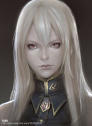 Rule 34 | 00s, 1girl, eyeliner, lips, long hair, looking at viewer, makeup, military, military uniform, portrait, realistic, red eyes, selvaria bles, senjou no valkyria, senjou no valkyria (series), senjou no valkyria 1, simple background, solo, uniform, upper body, watermark, web address, white hair, xu chao yuan, zheyuan1985