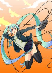 Rule 34 | 1girl, absurdres, aqua hair, bad id, bad pixiv id, blazer, briefcase, hatsune miku, headphones, highres, jacket, jumping, kurai nao, long hair, necktie, open mouth, red eyes, skirt, solo, thighhighs, twintails, very long hair, vocaloid
