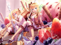 Rule 34 | 1boy, 1girl, absurdres, blonde hair, blue eyes, blueberry, blush, boots, brother and sister, dress, elbow gloves, food, fork, fruit, gloves, hair ribbon, hairband, highres, ice cream, in food, kagamine len, kagamine rin, knee boots, kneehighs, looking at viewer, maple, maple (maplehy), mini person, miniboy, minigirl, open mouth, oversized object, ponytail, ribbon, short hair, short ponytail, siblings, sitting, skirt, smile, socks, strawberry, twins, vocaloid