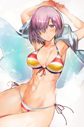 Rule 34 | 1girl, absurdres, armpits, arms up, bare shoulders, bikini, blush, breasts, cleavage, collarbone, fate/grand order, fate (series), hair over one eye, halterneck, highres, large breasts, light purple hair, looking at viewer, mash kyrielight, mash kyrielight (swimsuit of perpetual summer ver.02), navel, nishiide kengorou, official alternate costume, open clothes, open mouth, purple eyes, rainbow bikini, short hair, short sleeves, side-tie bikini bottom, simple background, solo, string bikini, swimsuit, thighs, white background
