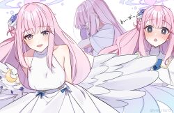 Rule 34 | 1girl, akym, arms behind back, bare shoulders, black eyes, blue archive, blush, breasts, bright pupils, crying, dot nose, dress, hair bun, halo, highres, large breasts, long hair, looking at viewer, low wings, mika (blue archive), multiple views, nose blush, open mouth, pink hair, sleeveless, sleeveless dress, smile, sweat, twitter username, white dress, white pupils, wings, yellow eyes