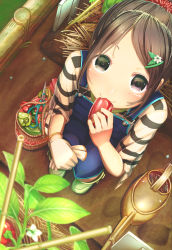 Rule 34 | 1girl, aiuabo, basket, bell pepper, black eyes, black hair, brown hair, commentary request, eating, flower, food, from above, gloves, hair flower, hair ornament, hairclip, highres, holding, holding food, holding glove, holding vegetable, looking at viewer, looking up, md5 mismatch, original, overalls, pepper, plant, resolution mismatch, scissors, shirt, shoes, sitting, smile, solo, source larger, striped clothes, striped shirt, tied sleeves, unworn gloves, vegetable, watering can, white gloves