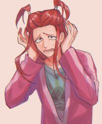 Rule 34 | 1boy, ace attorney, ace attorney investigations, ace attorney investigations 2, blue shirt, highres, jacket, long hair, male focus, nervous sweating, nononzatta, open mouth, orange eyes, pink jacket, red hair, sarushiro souta, scared, shirt, small pupils, sweat