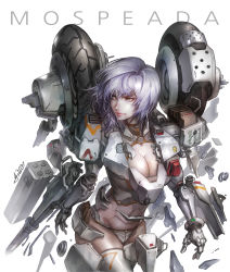 Rule 34 | 1girl, 2020, absurdres, arm cannon, armor, bikini, body armor, breasts, character name, cleavage, damaged, dated, debris, exoskeleton, gloves, highres, jay b lee, kikou souseiki mospeada, large breasts, lips, looking to the side, machinery, mecha, missile pod, mospeada, mospeada (mecha), power armor, purple eyes, purple hair, realistic, redesign, robot, science, serious, shield, signature, simple background, solo, swimsuit, tire, undressing, weapon